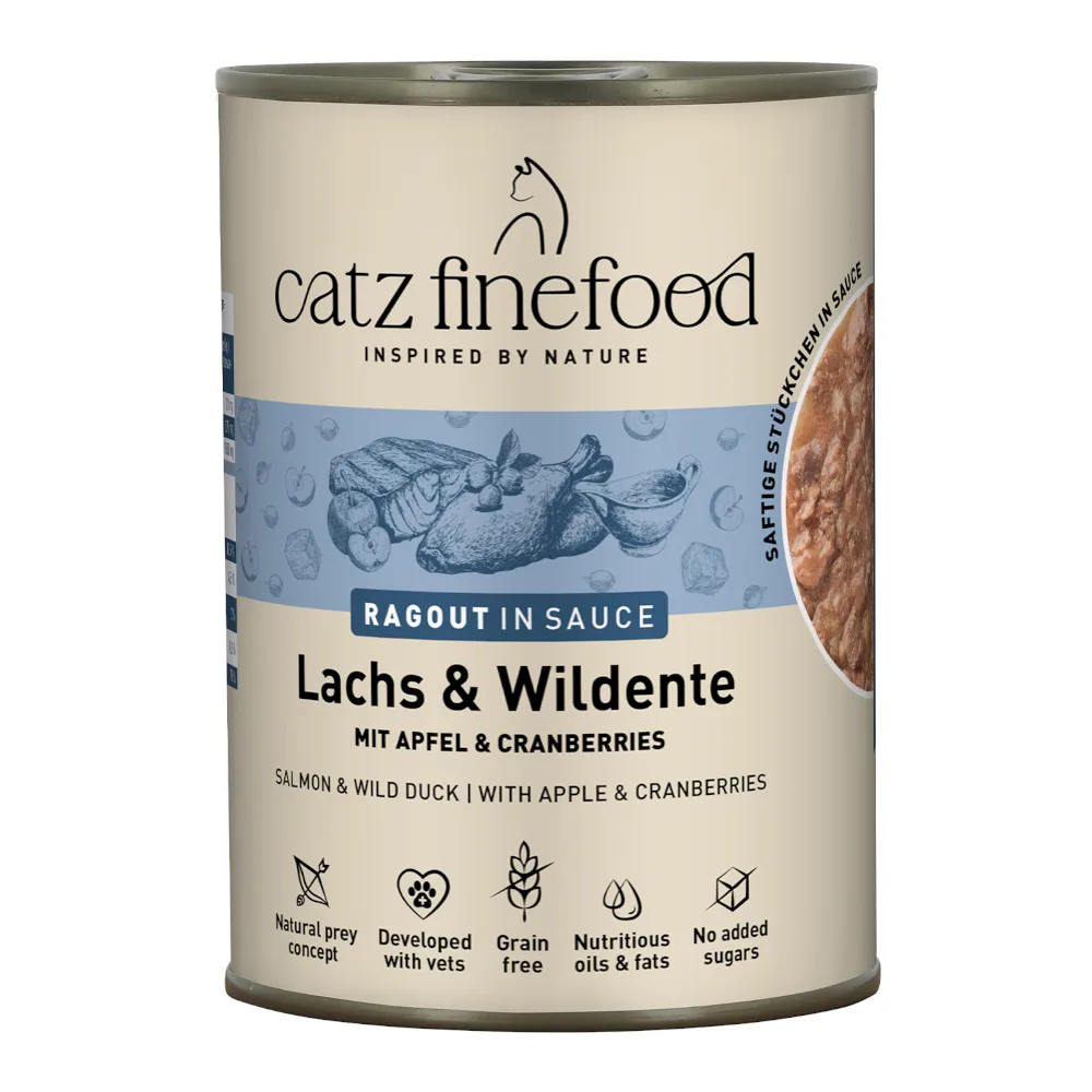 6x 380g catz finefood Ragout No.605 Lachs & Wildente Katzenfutter nass by Catz Finefood – product photo