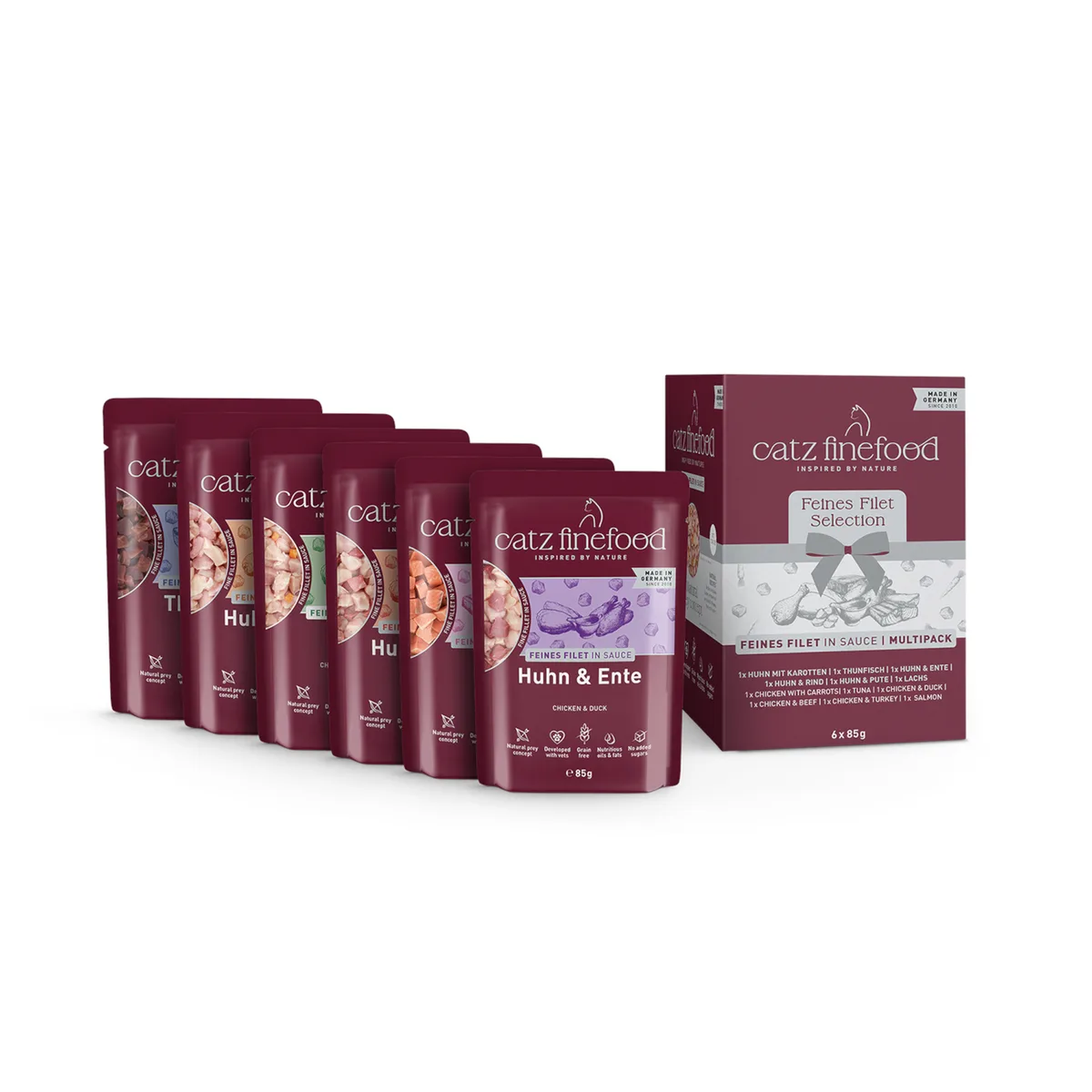 6x 85g catz finefood Fillets Proefpakket Mixpakket 2: (6 varianten) Nat kattenvoer från Catz Finefood – produktbild