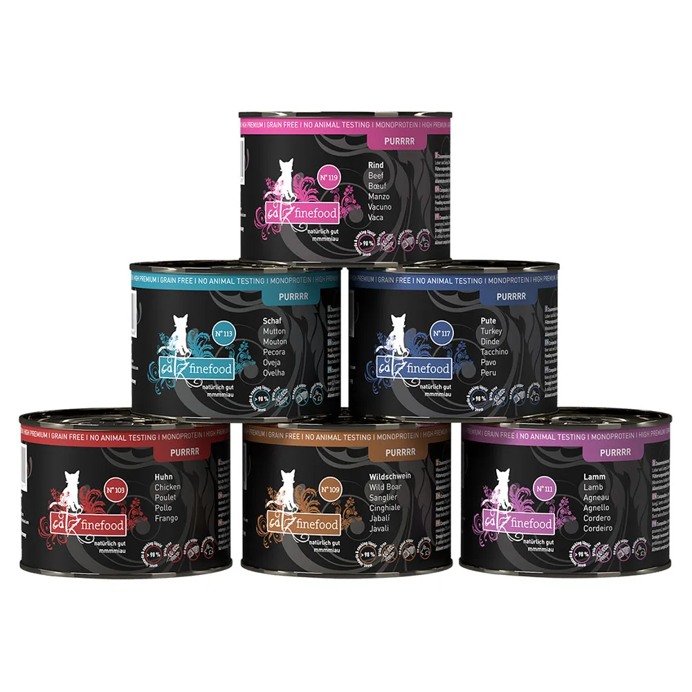 Puur Blikken 6 x 200 Kattenvoer - Mix 1 (Kip, Wild Zwijn, Lam, Schaap, Kalkoen, Rund) van Catz Finefood – productfoto
