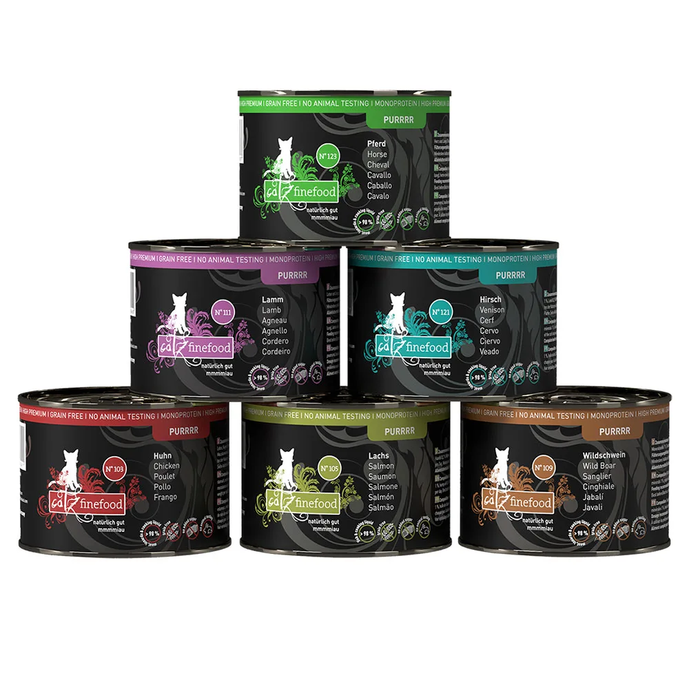 Puur Blikken 6 x 200 Kattenvoer - Mix 2 (Kip, Zalm, Wild Zwijn, Lam, Varken, Paard ) van Catz Finefood – productfoto