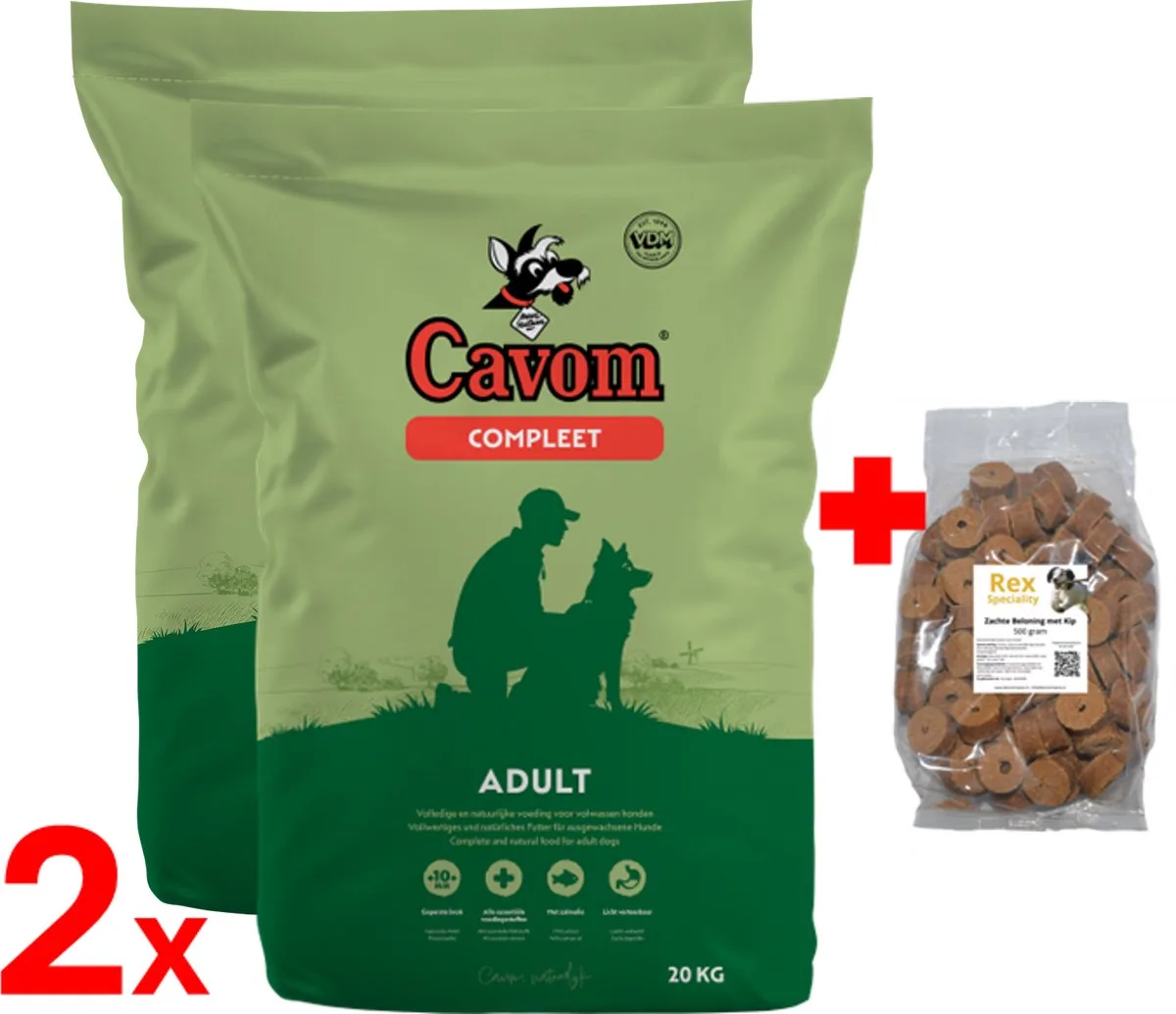 2x Cavom compleet Adult - geperste brokken 20kg + zachte beloning rund 200 gram van Cavom – productfoto