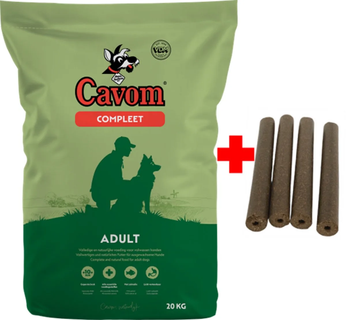 compleet Adult - geperste brokken - 20kg + 4x gratis Frikandel van Cavom – productfoto