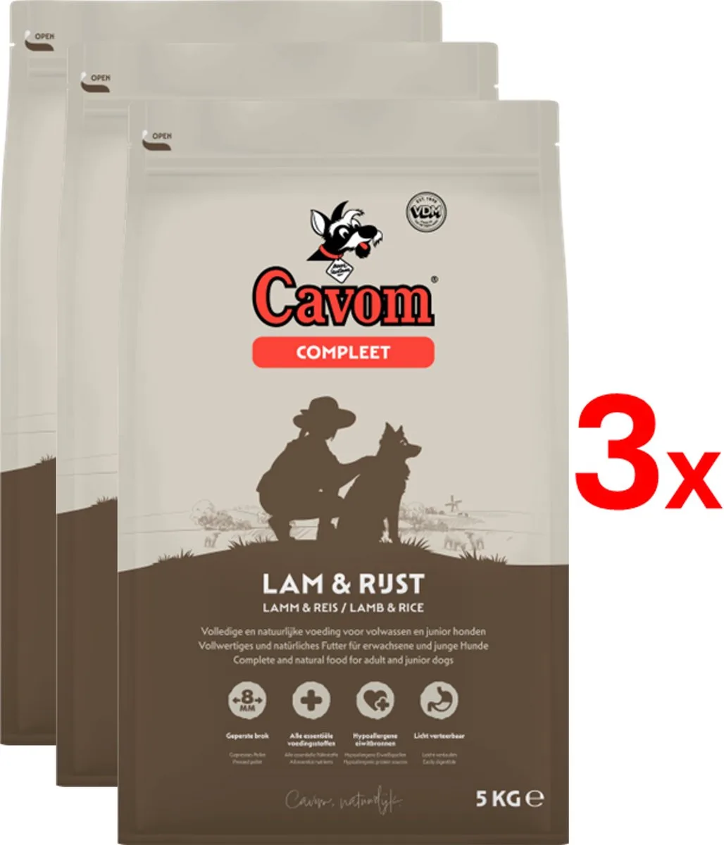 compleet Lam & Rijst - geperste brokken - 3x 5kg fra Cavom – produktbillede