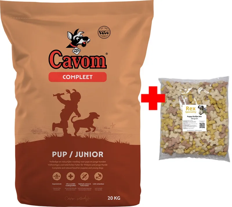 compleet Pup/Junior - geperste brokken - 20 kg + Rex kluifjes puppy de Cavom – photo produit