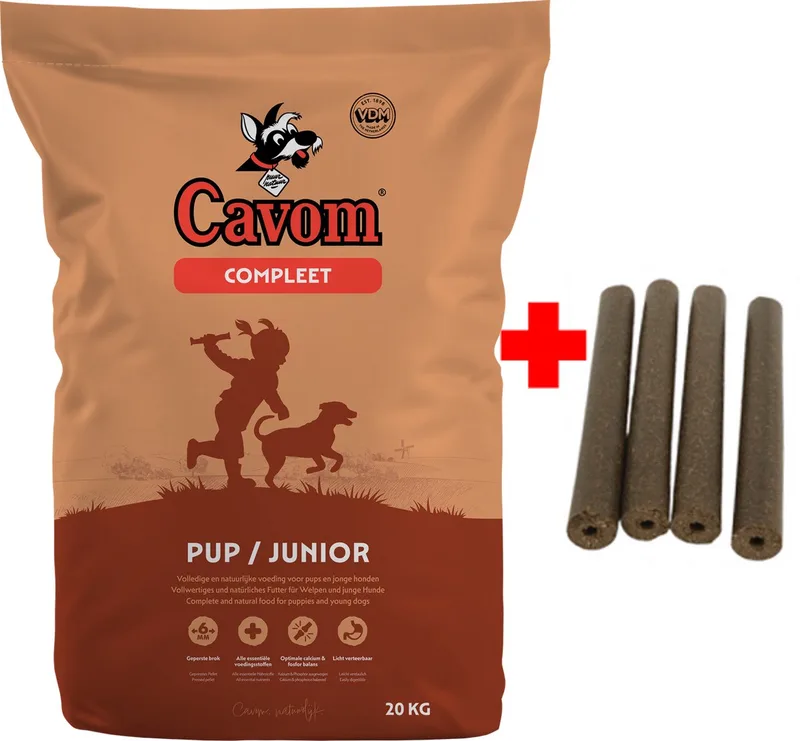 compleet Pup/Junior - geperste brokken - 20kg + 4x gratis Frikandel fra Cavom – produktbillede