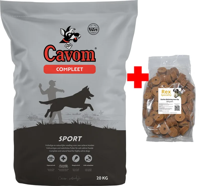Sport hondenvoer 20 kg + Rex zachte beloning zalm de Cavom – photo produit