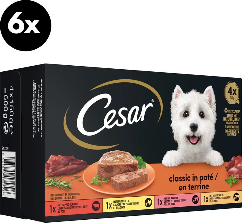 Classic honden natvoer mix multipack (6 stuks x 4 potjes x 150g) - 3600 gram by Cesar – product photo