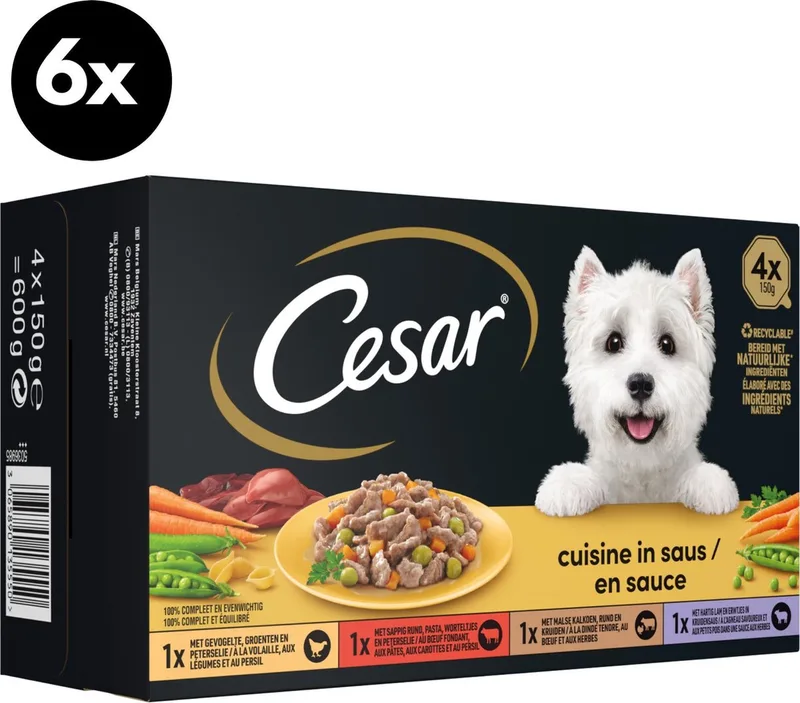 Cuisine Gevogelte, Rund, Kalkoen, Lam in saus honden natvoer voordeel pack 6-pack - 6x(4x150g) de Cesar – photo produit