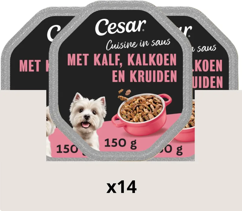 Hondenvoer - Cuisine - Kalf & Kalkoen in Saus - Kuipjes 14x150g de Cesar – photo produit