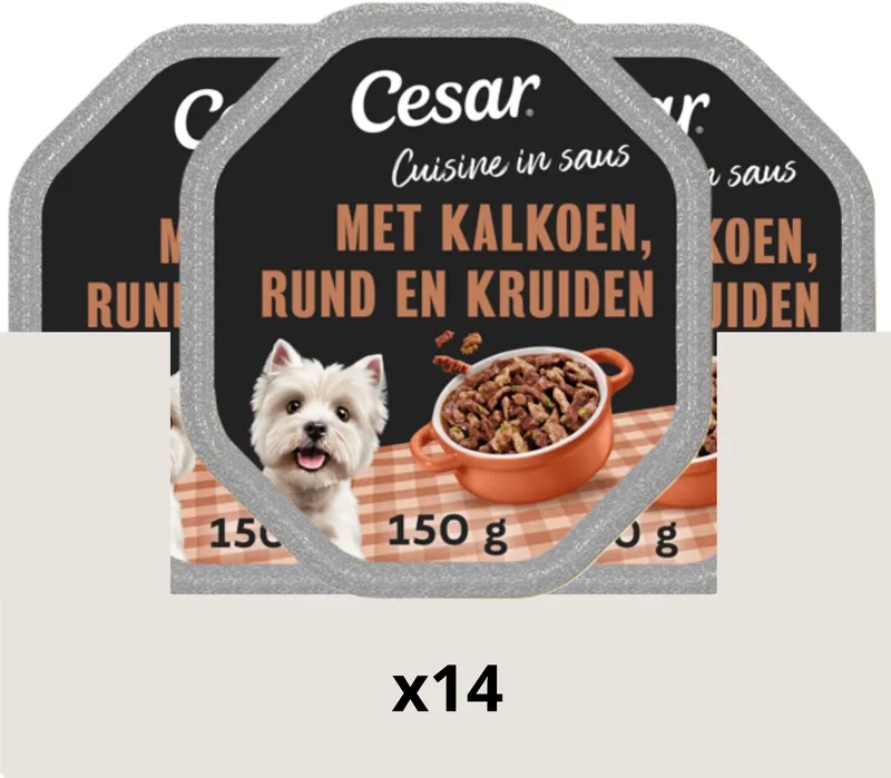 Hondenvoer - Cuisine - Kalkoen & Rund in Saus - Kuipjes 14x150g by Cesar – product photo