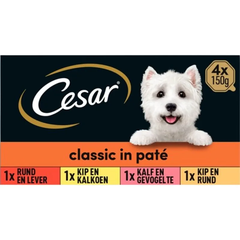 natvoer voor volwassen honden mix met kip & kalkoen, rundvlees & lever, kalfsvlees & gevogelte, lam & kalkoen 4 × 150 g van Cesar – productfoto