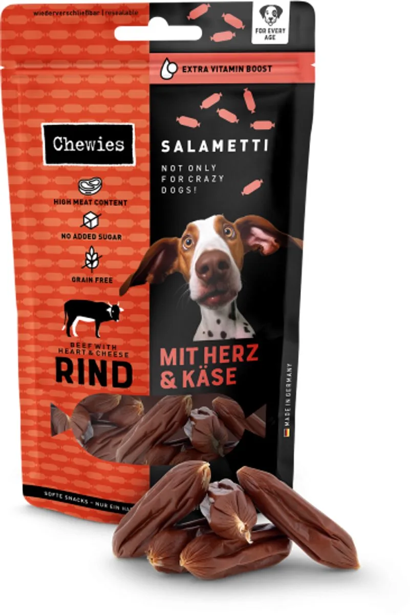 zachte worstjes voor honden - Salametti rund, hart en kaas - 60 gram van Chewies – productfoto