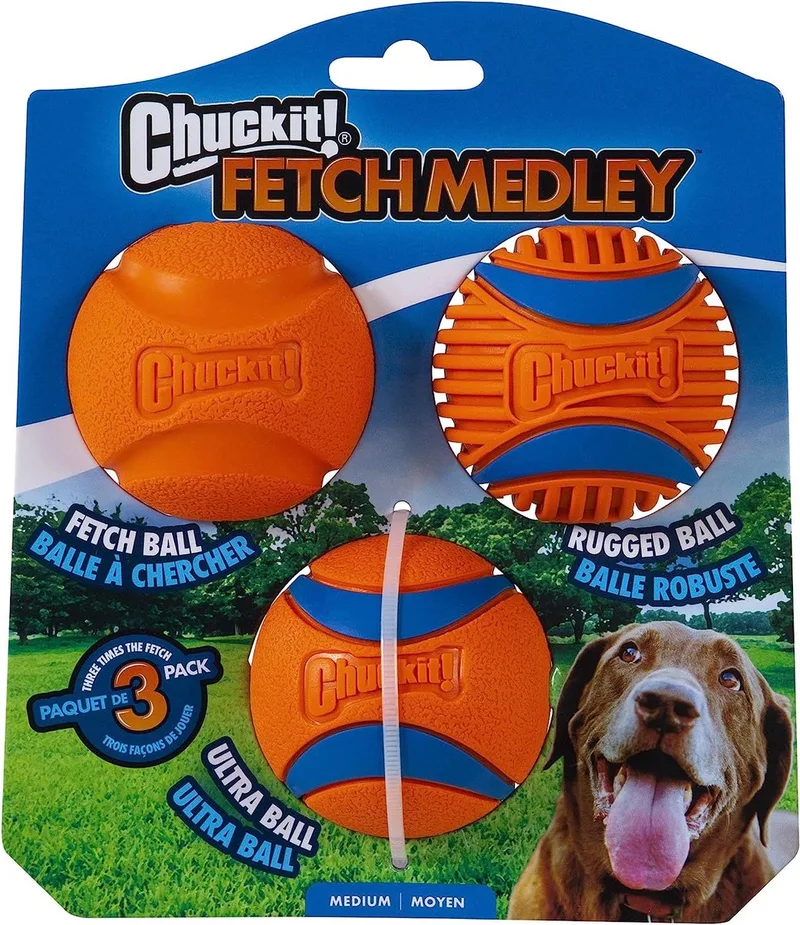 Haal Medley Gen 3 rubberen hondenballen, ultra bal, robuuste bal, haal ballen voor honden launcher compatibel hondenspeelgoed, medium, 3 stuks fra Chuckit! i Blå – produktbillede