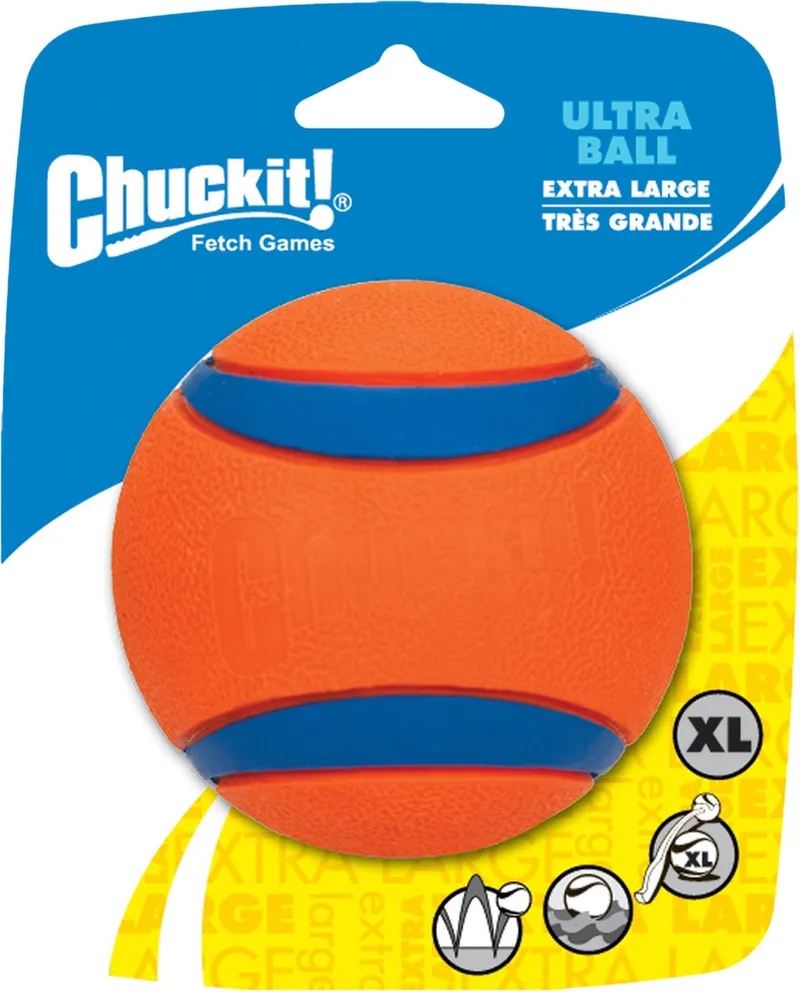 Ultra Ball – Hondenspeelgoed – Hondenbal – Apporteerspeelgoed – Duurzaam rubber - XL – Ø 9 cm – Oranje/Blauw - 1 Stuks von Chuckit! in Orange – Produktfoto