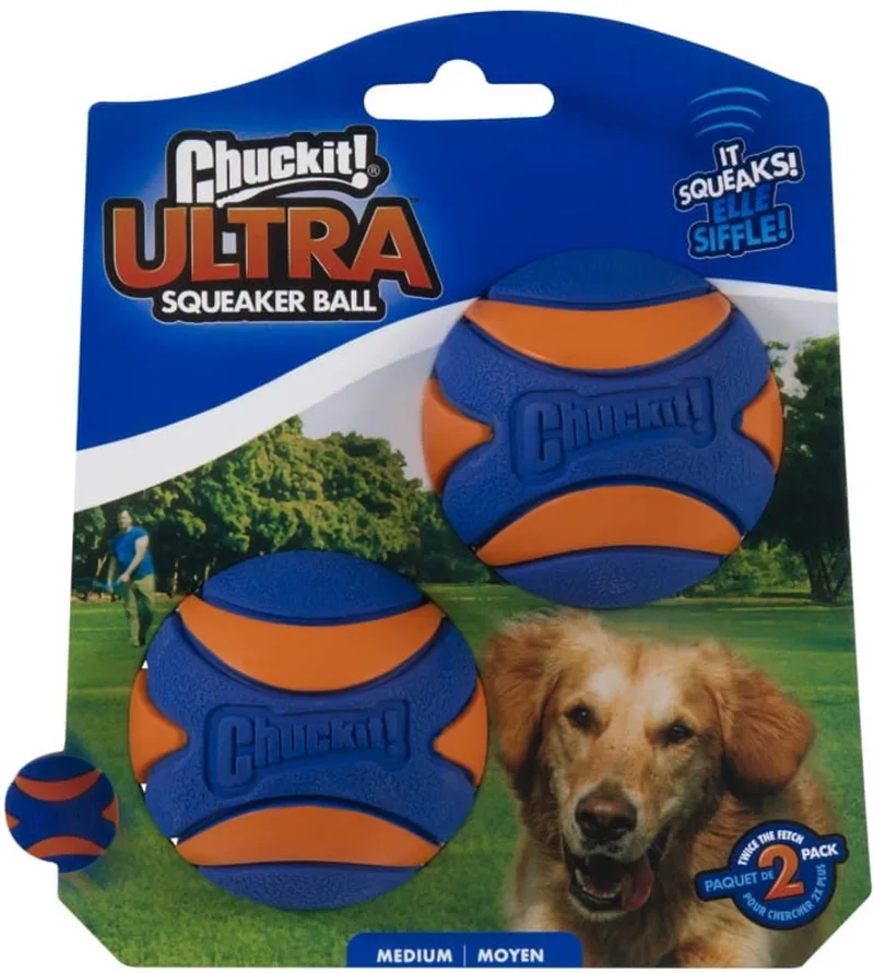 Ultra Squeaker Bal - Hondenspeelgoed - Hondenbal - Medium - Ø6 cm - Blauw/Oranje - 2 Stuks by Chuckit! in Blue – product photo