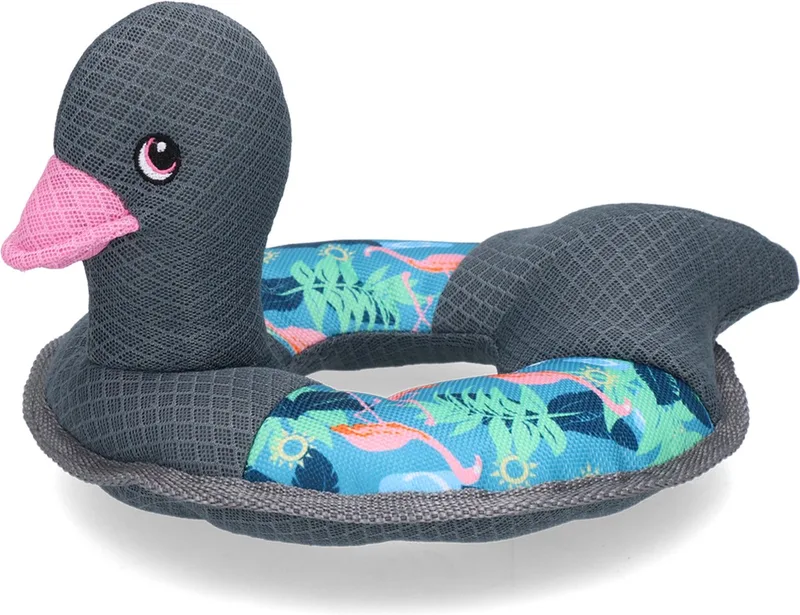 Ring o’Ducky – 12x36x20 cm - Verkoelend hondenspeeltje – Hondenspeelgoed met pieper – Drijft op water - Flamingo print by CoolPets in Ring o’Ducky Flamingo – product photo