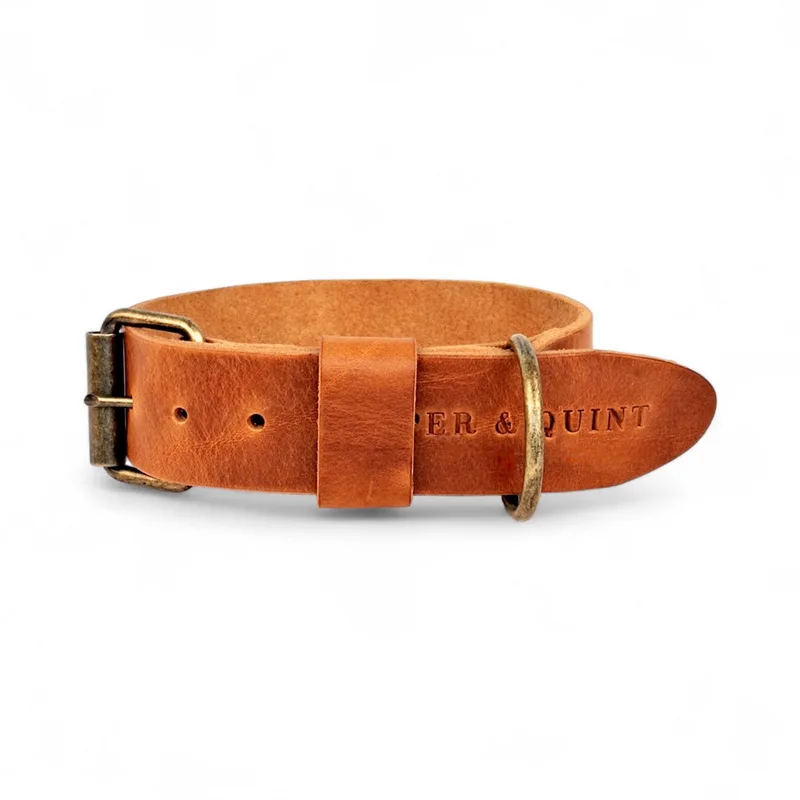 Bold Brede Leren Halsband - Large - 3 cm - Oud Messing de Cooper & Quint en Camel – photo produit