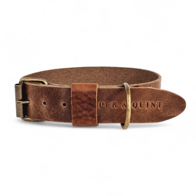 Bold Brede Leren Halsband - Large - 4 cm - Oud Messing de Cooper & Quint en Stone – photo produit