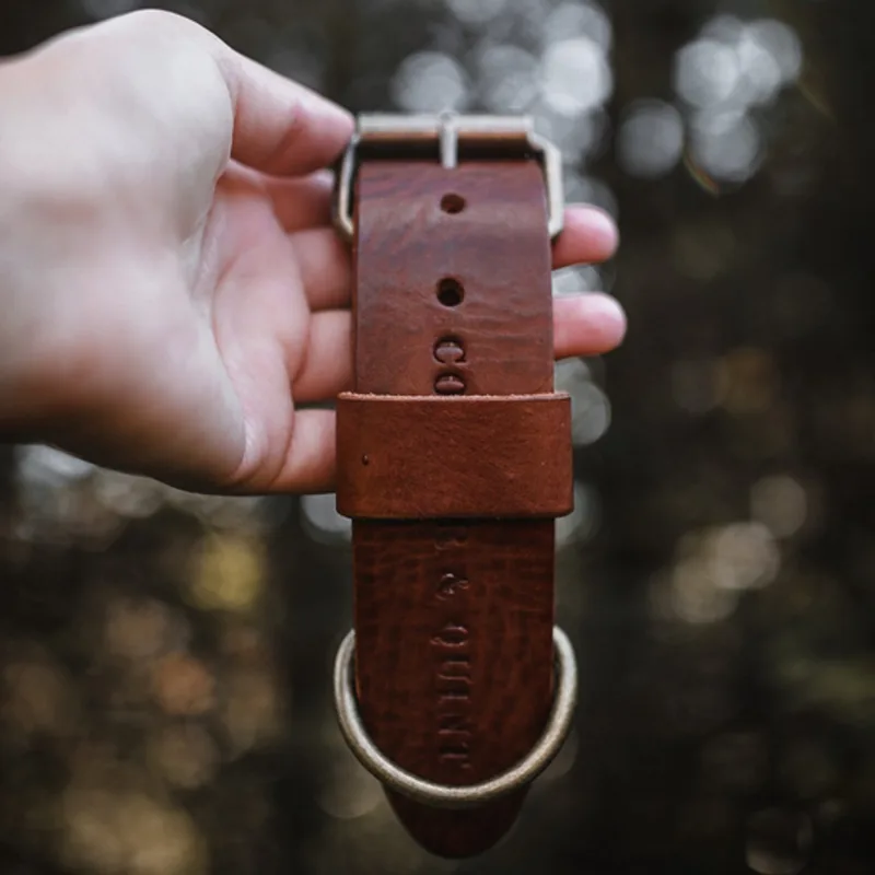 Bold Brede Leren Halsband - Small - 3 cm - Oud Messing från Cooper & Quint i Brun – produktbild