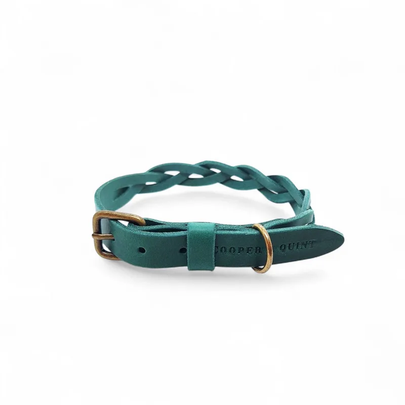 Twisted - Halsband hond gevlochten leer - Oud Messing - M von Cooper & Quint in Grün – Produktfoto