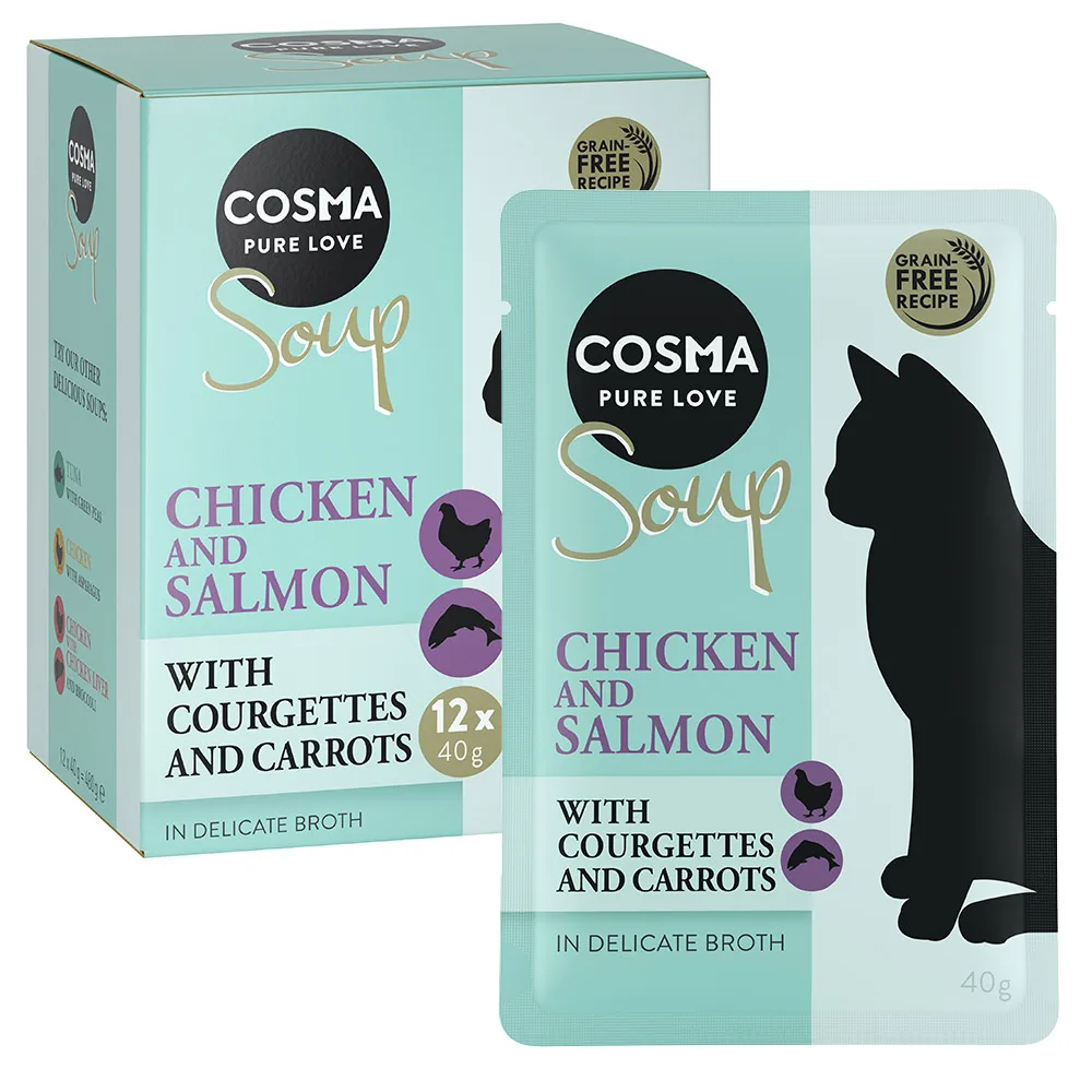 12x40g Soup Kippenborst en Zalm met Courgette en Wortel Cosma Kattenvoer van Cosma – productfoto