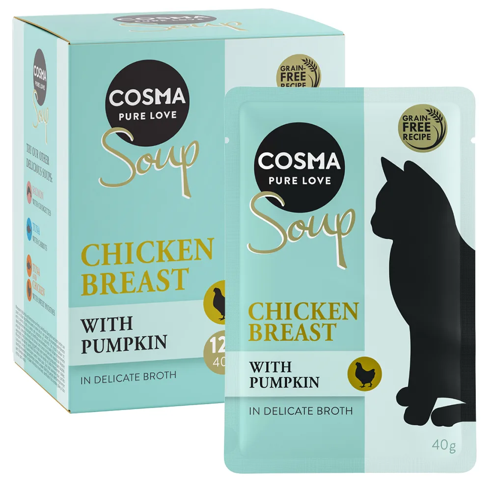 12x40g Soup Kippenborst met Pompoen Cosma Kattenvoer van Cosma – productfoto