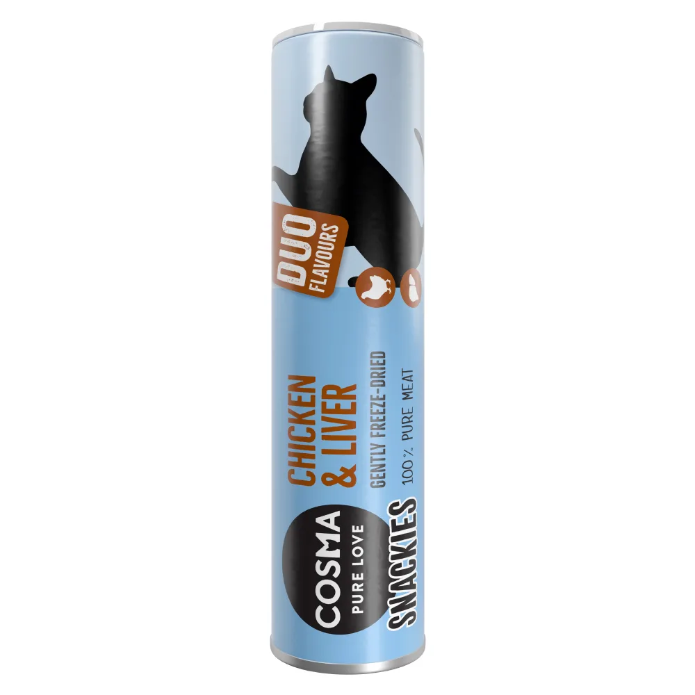 28g Snackies DUO 2 in 1 Gevriesdroogde Kippenborst & Kiplever Cosma Kattensnacks van Cosma – productfoto