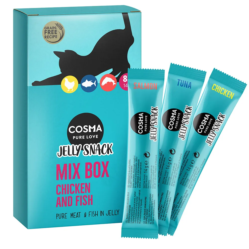 8x14g Mix (Tonijn, Kip, Zalm) Jelly Snack Cosma Kattensnacks van Cosma – productfoto