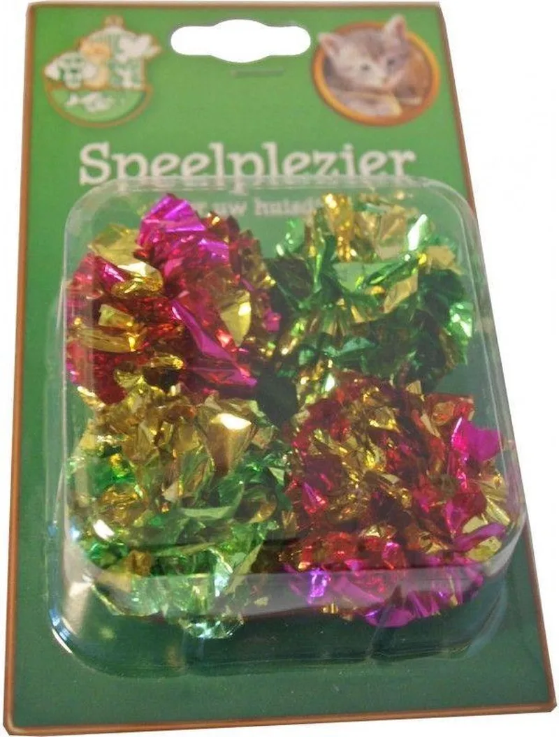 Boon Crinkelbal Blisterpack Kattenspeelgoed - 4 st. van Gebr. de Boon in Groen, Rood, Goud – productfoto