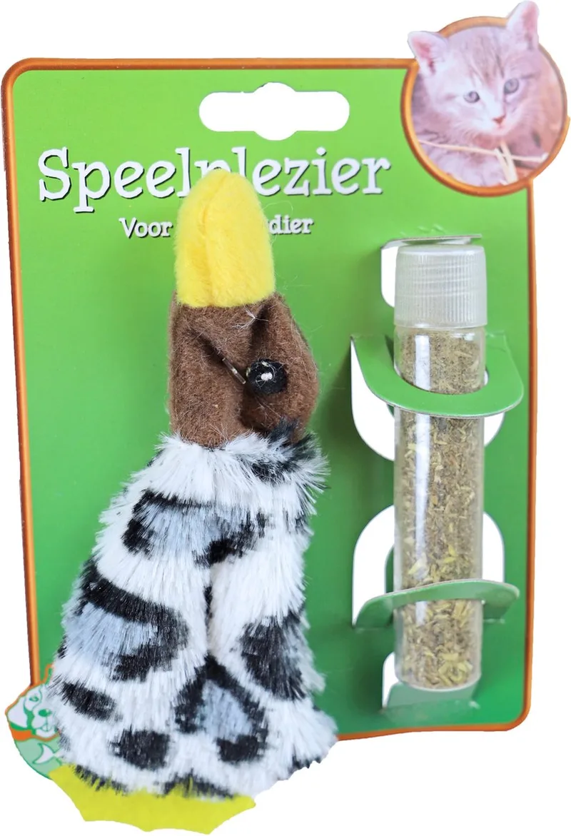 Boon kattenspeelgoed op kaart pluche eend met catnip vulbaar, 15 cm fra Gebr. de Boon i Hvid – produktbillede