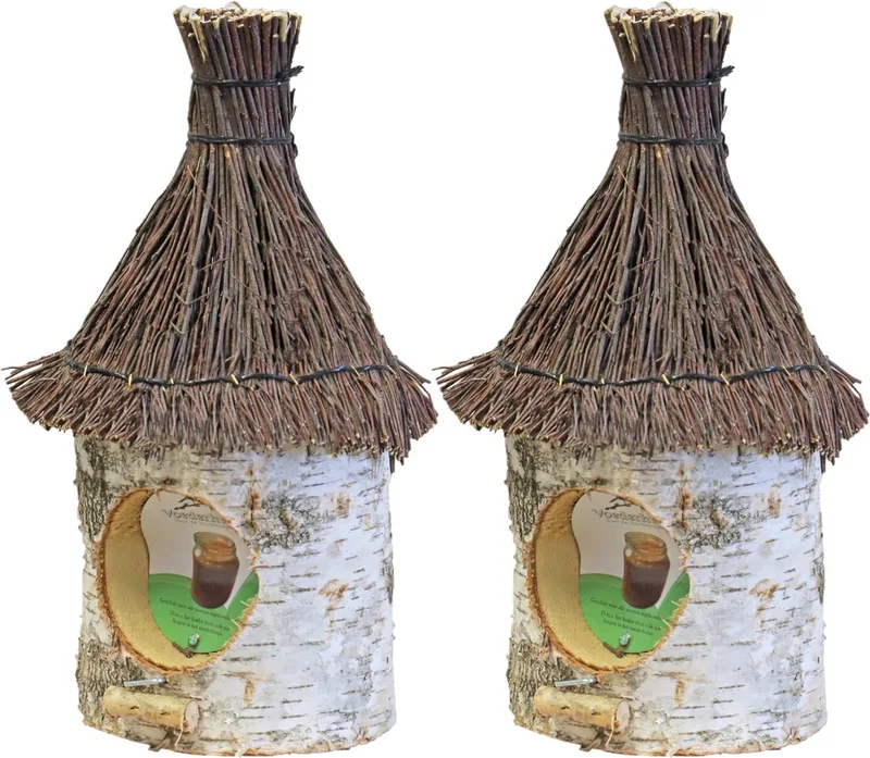 Boon Vogel voederhuisje - 2x stuks - 36 cm - berkenhout - rieten dak - pindakaashuisje - Vogel voederstation de Gebr. de Boon en Marron – photo produit