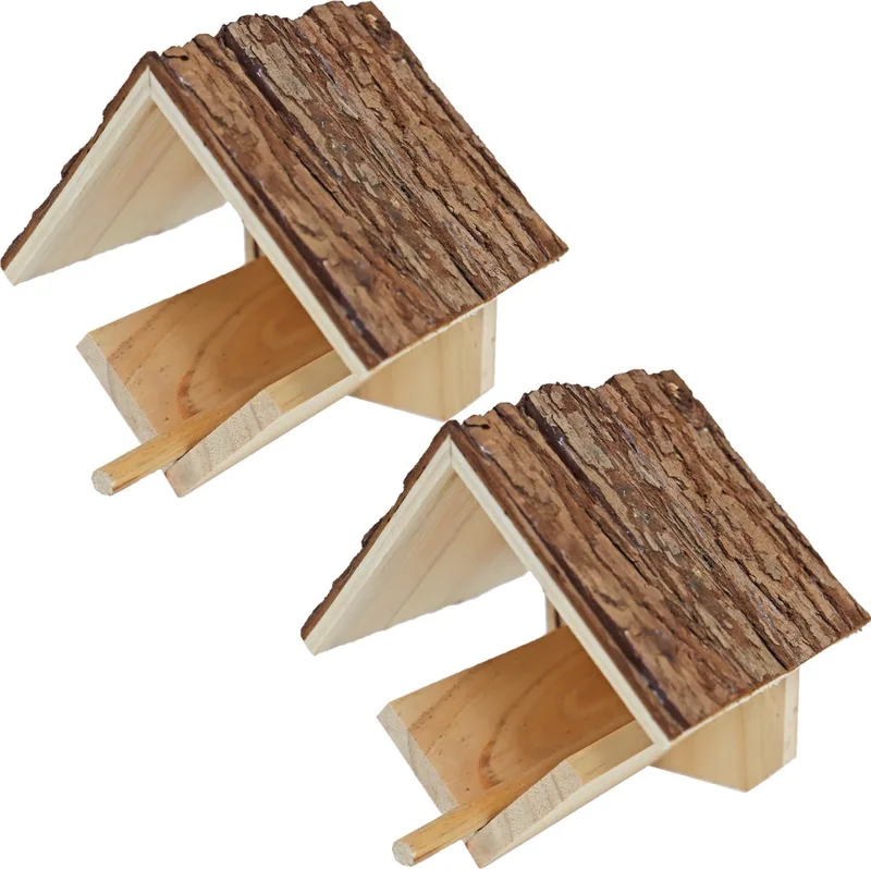 Boon Vogelhuisje/voederhuisje - 2x stuks - hout - dak van boomschors - 16 cm - Vogel voederstation de Gebr. de Boon en Marron – photo produit
