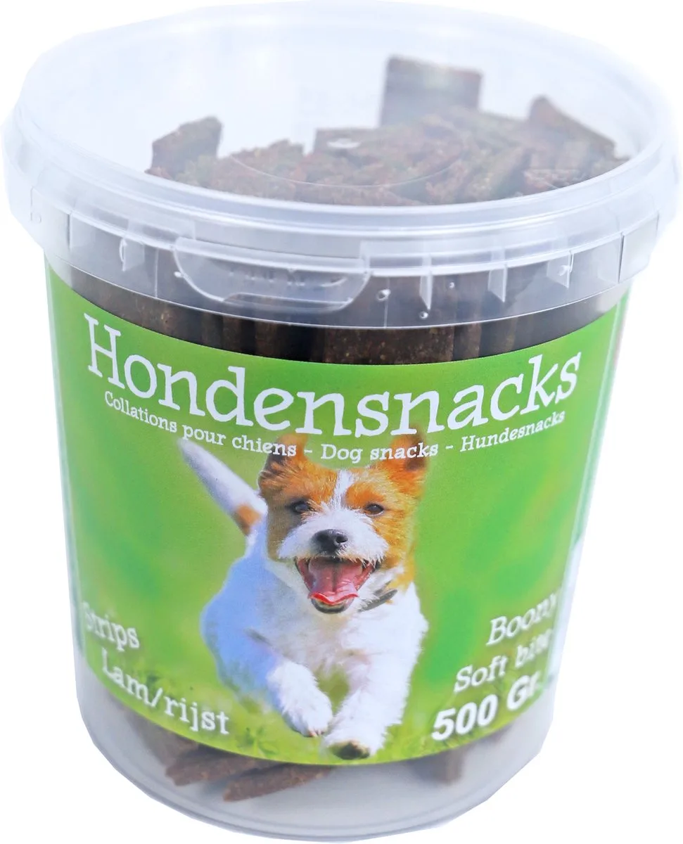 Boony hondensnoepjes semi moist strips lam/rijst, emmer a 500 gram de Gebr. de Boon – photo produit