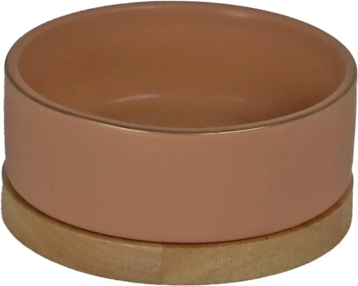 Honden Eetbak - keramiek/hout - zalm - 16 cm van Gebr. de Boon in Roze – productfoto