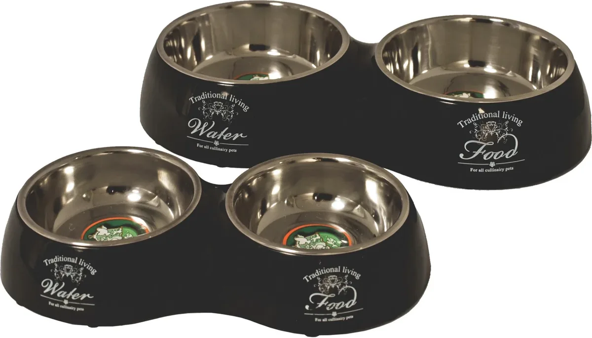 Hondeneetbak dubbel plastic/RVS water/food 27 cm zwart Eet-en-drinkbakken-hond Gebr. de Boon by Gebr. de Boon – product photo