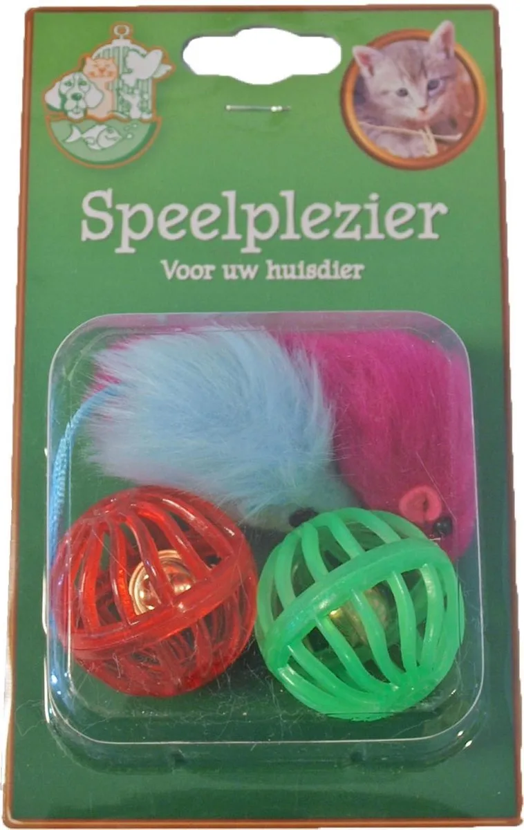Kattenspeelgoed blisterpak 2 plastic bal en 2 bontmu... van Gebr. de Boon in Meerkleurig – productfoto