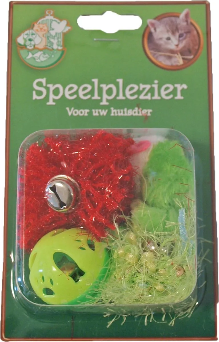 Kattenspeelgoed - Blisterpak met 2 knisperballetjes 1 bal met bel en 1 muis van Gebr. de Boon – productfoto
