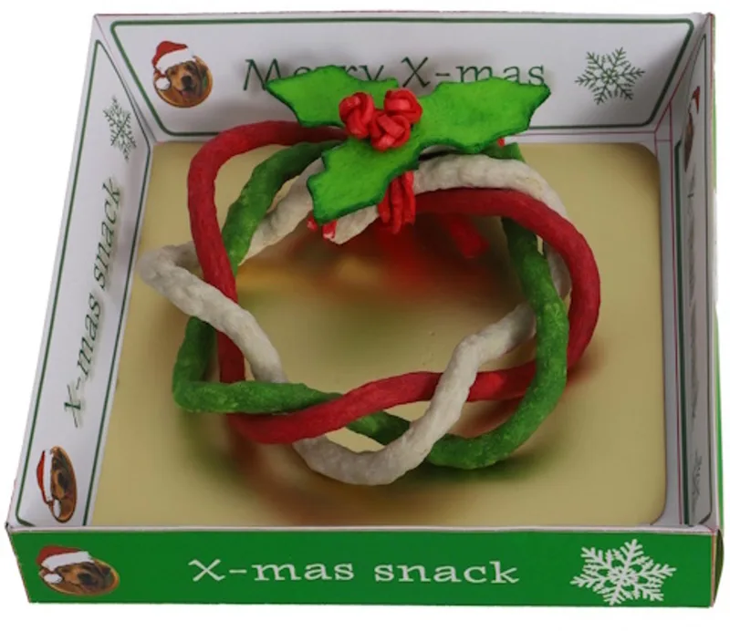Kerstkrans hondensnack van Thaise buffelhuid in rood groen wit de Gebr. de Boon – photo produit