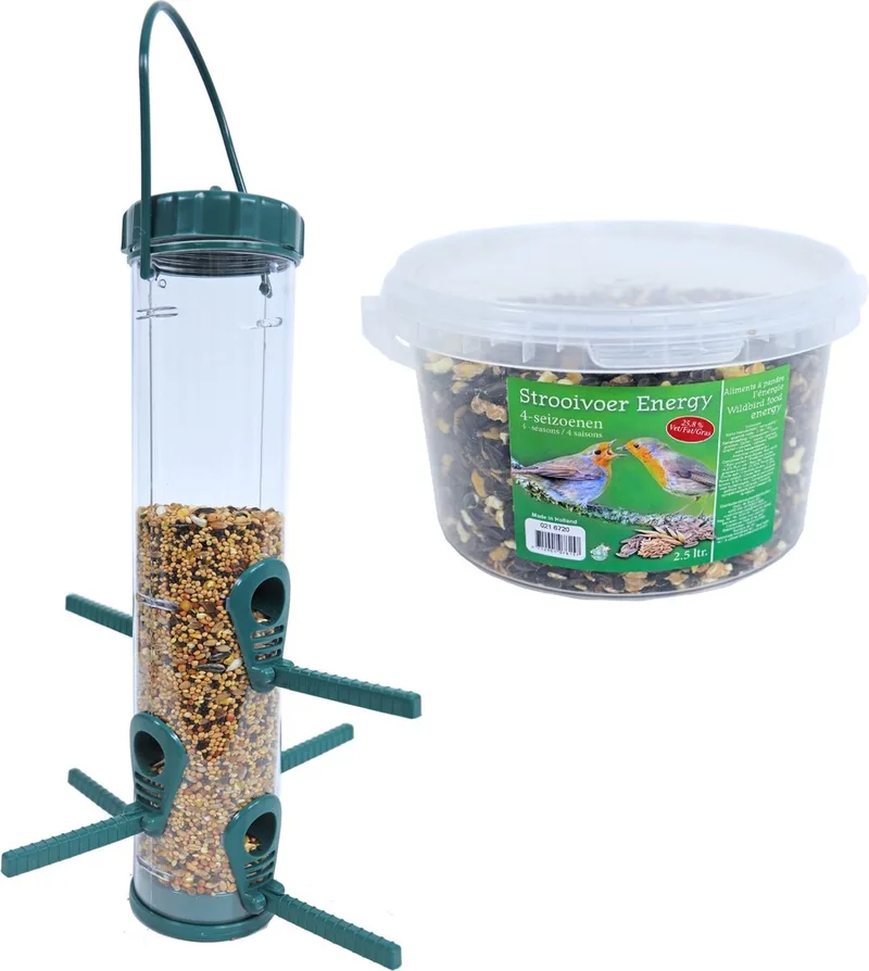 Vogel voedersilo groen/transparant kunststof 33 cm inclusief 4-seizoenen energy vogelvoer - Vogel voederstation de Gebr. de Boon en Vert – photo produit