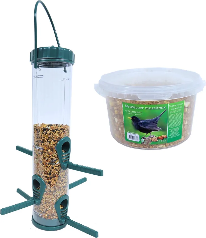 Vogel voedersilo groen/transparant kunststof 33 cm inclusief 4-seizoenen mueslimix vogelvoer - Vogel voederstation de Gebr. de Boon en Vert – photo produit
