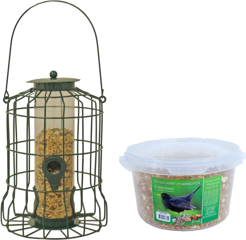 Vogel voedersilo - voor kleine vogels - 36 cm - metaal - incl. 4-seizoenen mueslimix vogelvoer - Vogel voederstation de Gebr. de Boon en Vert – photo produit