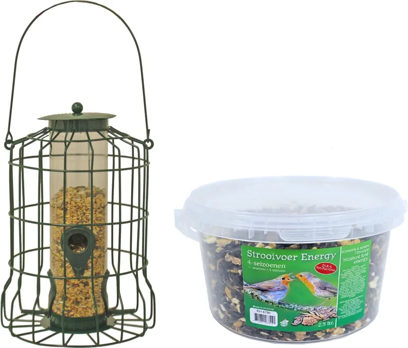 Vogel voedersilo voor kleine vogels metaal 36 cm inclusief 4-seizoenen energy vogelvoer - Vogel voederstation de Gebr. de Boon en Vert – photo produit