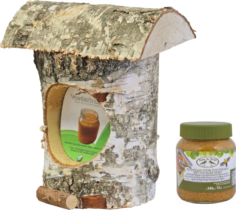 Vogelhuisje/voederhuisje/pindakaashuisje berkenhout 27 cm inclusief vogelpindakaas - Vogelvoederhuisje by Gebr. de Boon in Brown – product photo