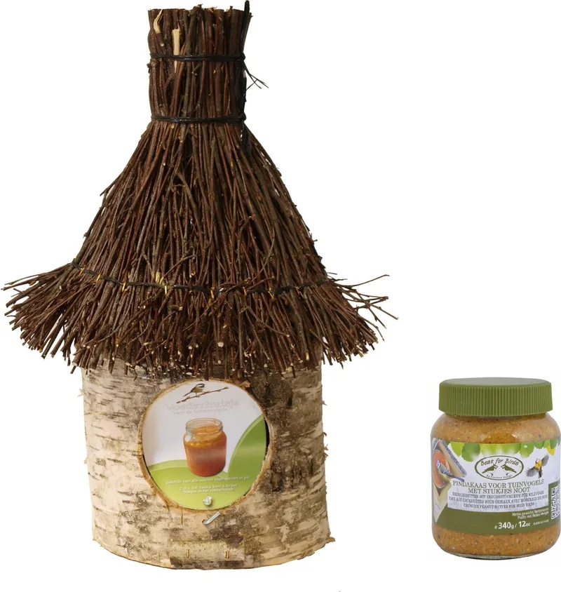 Vogelhuisje/voederhuisje/pindakaashuisje berkenhout met rieten/tenen dak 36 cm inclusief vogelpindakaas - Vogelvoederhuisje de Gebr. de Boon en Marron – photo produit
