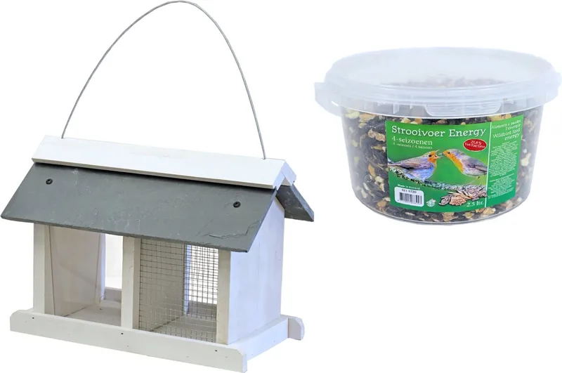 Vogelhuisje/voedersilo met twee vakken hout/leisteen 31 cm inclusief 4-seizoenen energy vogelvoer - Vogel voederstation by Gebr. de Boon in White – product photo