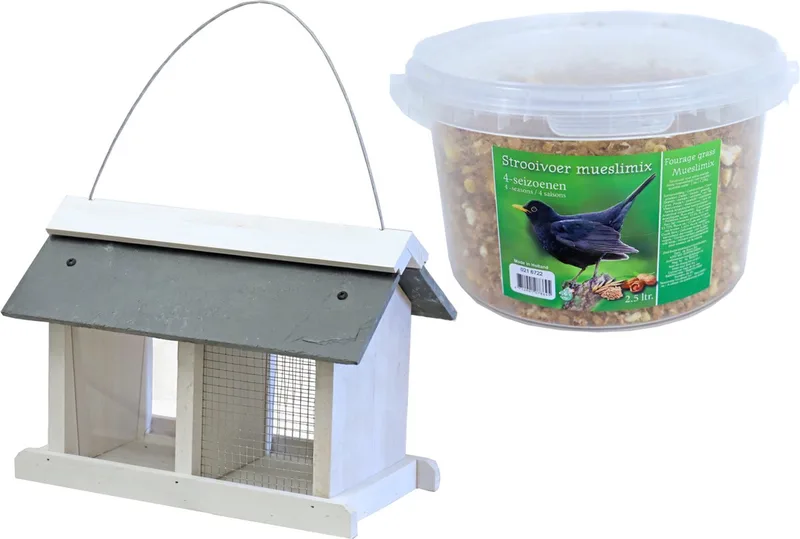 Vogelhuisje/voedersilo met twee vakken hout/leisteen 31 cm inclusief 4-seizoenen mueslimix vogelvoer - Vogel voederstation by Gebr. de Boon in White – product photo