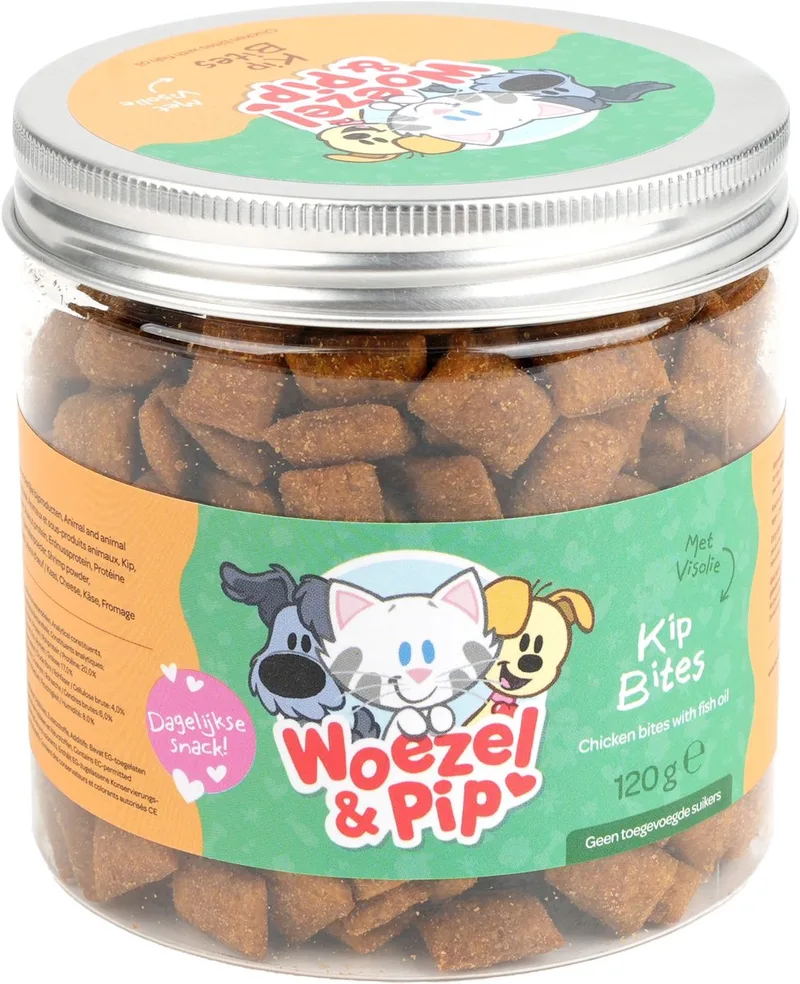 Woezel & Pip - Kattensnack - Kip Bites met Visolie in pot 120 gram - 1 Stuks by Gebr. de Boon – product photo