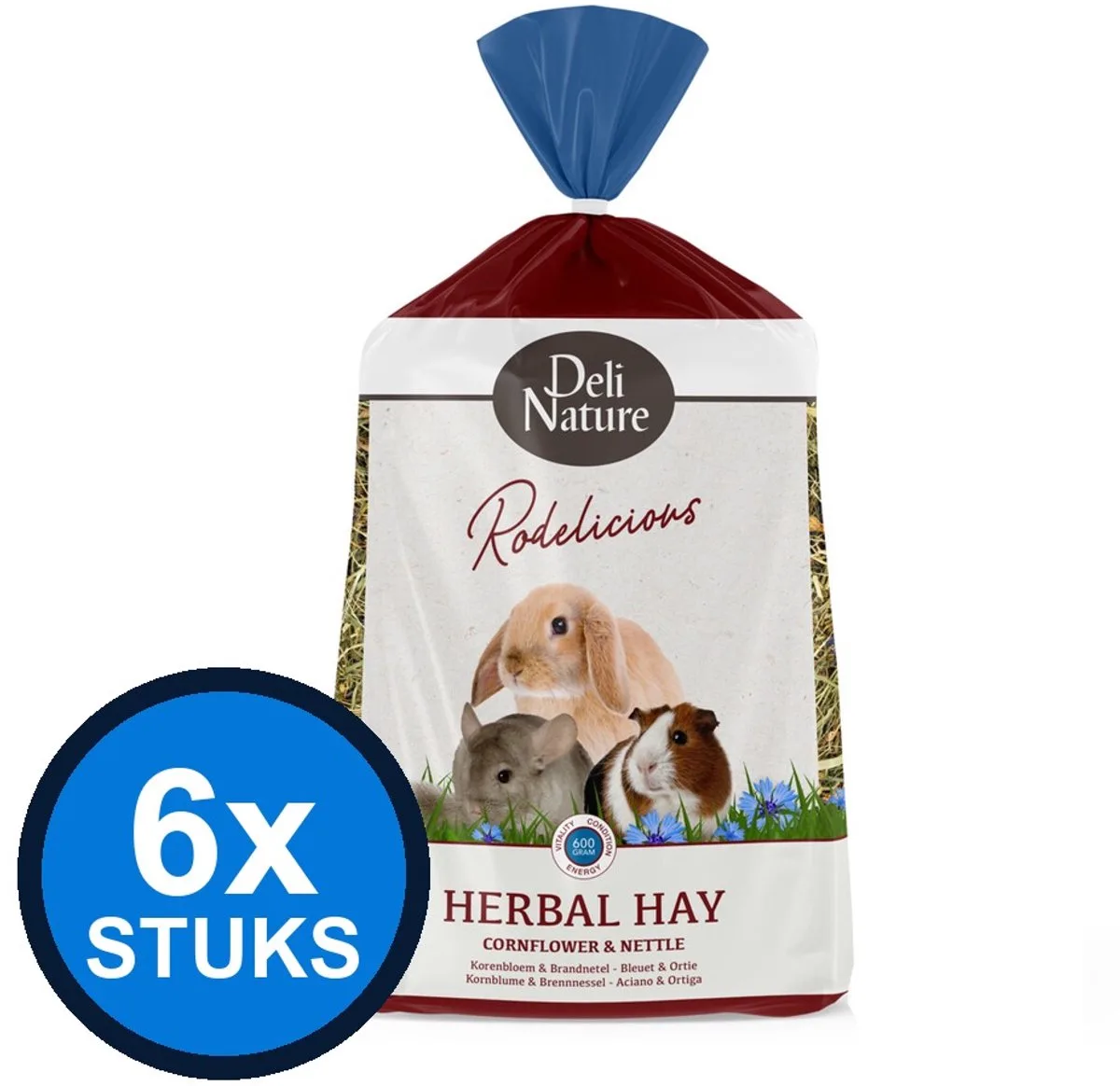 6x Deli Nature Rodelicious Kruidenhooi Korenbloem & Brandnetel - Knaagdierhooi - 600g van Deli Nature – productfoto