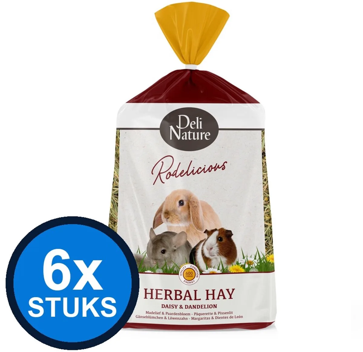 6x Deli Nature Rodelicious Kruidenhooi Madelief & Paardenbloem - Knaagdierhooi - 600g van Deli Nature – productfoto
