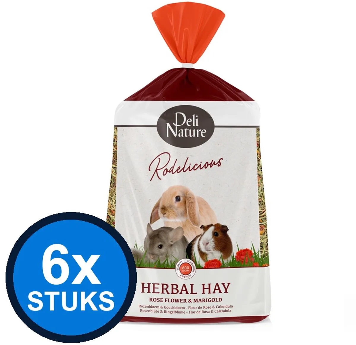 6x Deli Nature Rodelicious Kruidenhooi Rozenbloem & Goudsbloem - Knaagdierhooi - 600g van Deli Nature – productfoto